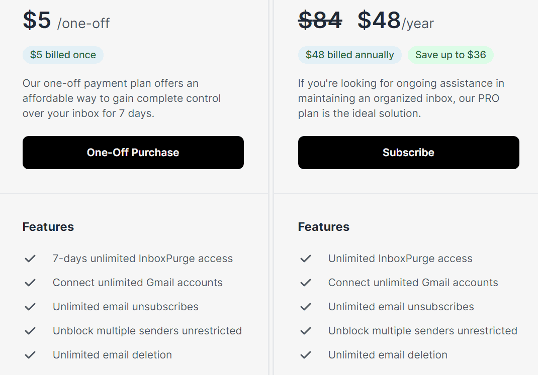 Inboxpurge regular pricing 