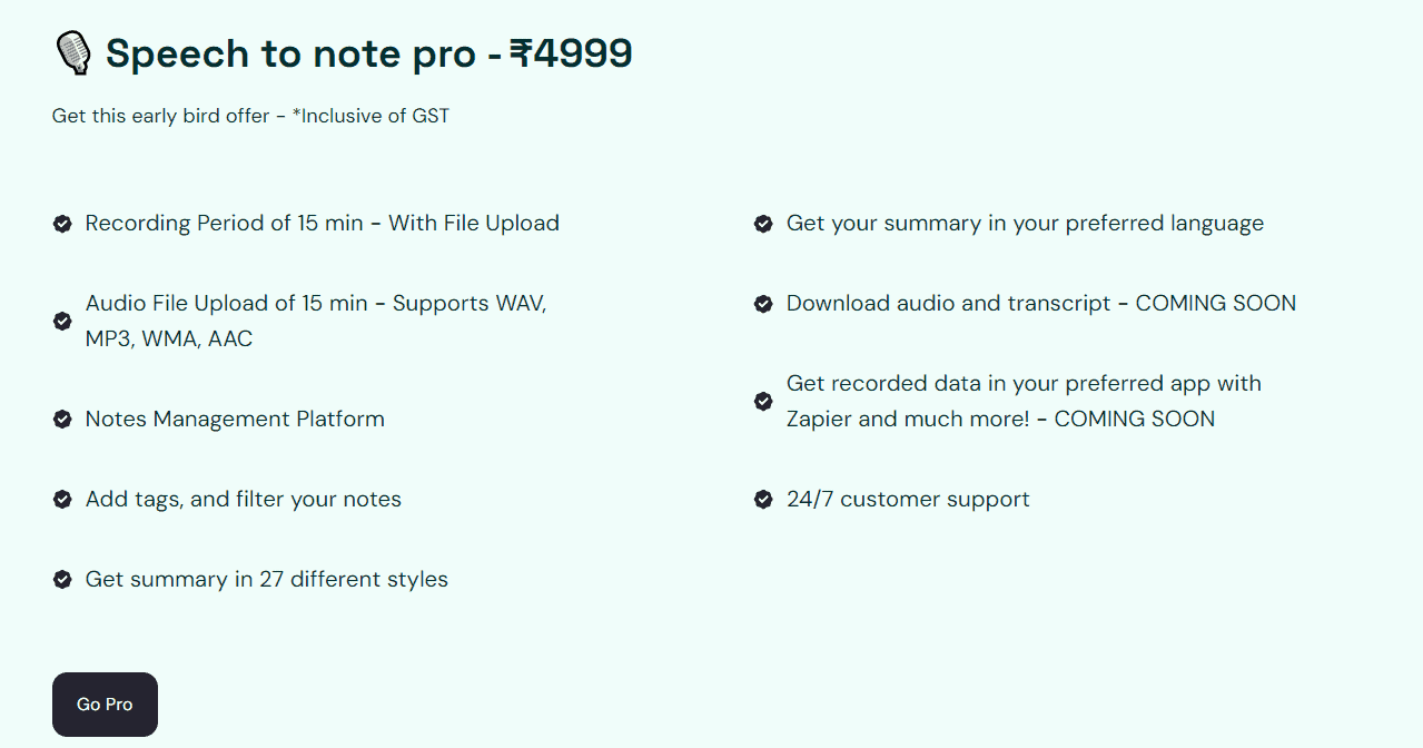 speech to note regular pricing