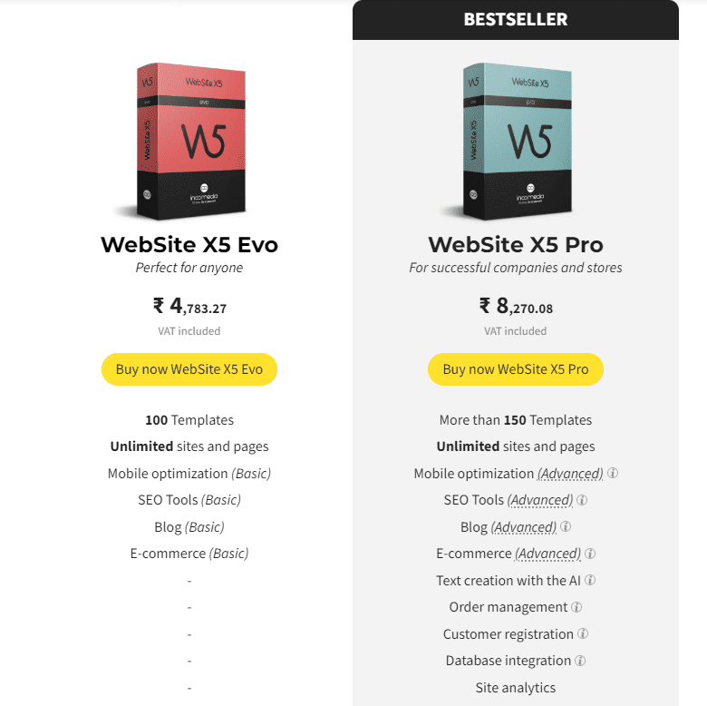 websiteXS regular pricing