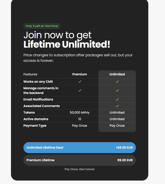 Simple Commenter Lifetime Deal: Enable Commenting on Website 4 Simple Commenter regular pricing